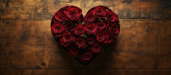 Wall Mural - Valentine's Day celebration red roses in heart shaped arrangement on rustic wooden background creating a romantic atmosphere for loved ones