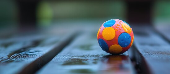 Colorful rubber ball on wet wooden surface showcasing children's playfulness and vibrant design in a natural setting