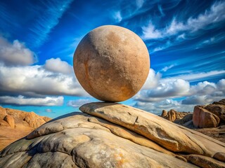Wall Mural - a large sphere balancing precariously on weathered rock formation, study in contrast and stability