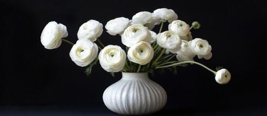 Aufkleber - Elegant white ranunculus flowers in a textured ceramic vase on a dark background creating a sophisticated floral arrangement.
