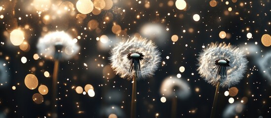 Aufkleber - White dandelion flowers against a dark background with golden sparkles creating a dreamy festive ambiance ideal for creative projects
