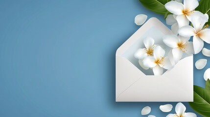 Aufkleber - White envelope filled with flowers on a serene blue background showcasing nature's beauty and creativity in design and composition.