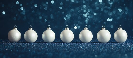 Poster - White Christmas ornaments lined up on a shimmering dark blue background ideal for festive designs or advertisements with text space