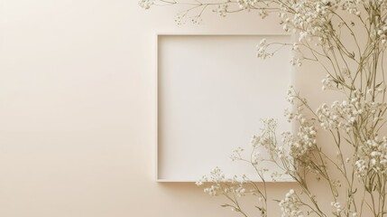 Poster - White square frame mockup surrounded by delicate gypsophila flowers on a soft beige table setting for creative display and design purposes