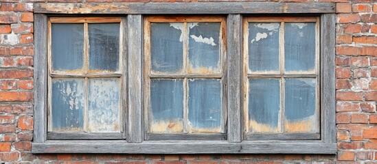 Poster - Weathered wooden windows nestled in rustic brick wall highlighting architectural beauty and historical charm of vintage structures