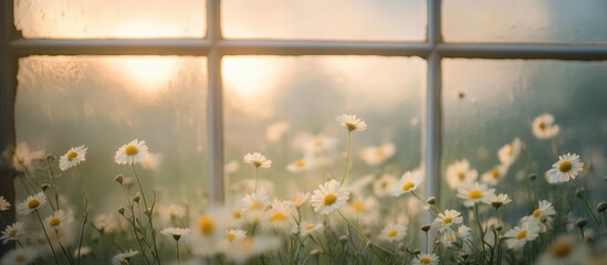 Poster - Morning light illuminating white chamomile flowers through a softly fogged window showcasing a serene botanical backdrop