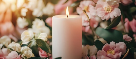 Fototapete - Elegant white candle illuminated amidst a vibrant floral arrangement creating a serene and tranquil ambiance