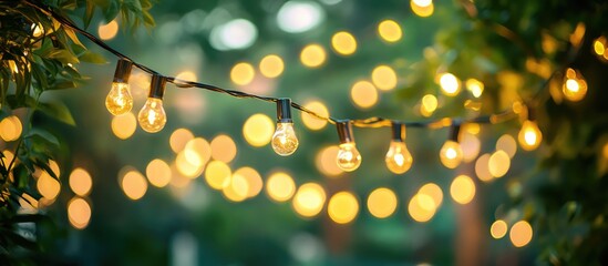Poster - Bokeh pattern of glowing garland lights creating a warm and festive atmosphere in a natural outdoor setting