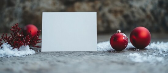 Aufkleber - Blank White Paper Sign for Christmas Greeting on Gray Cement Background with Snow and Red Christmas Decorations like Ornaments and Foliage