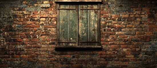 Poster - Weathered brick wall with a rustic closed window highlighting urban decay and a sense of forgotten history in architectural details