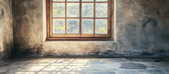 Poster - Rustic vintage wooden window frame highlighting a weathered cement floor creating a charming and inviting atmosphere in a classic interior space