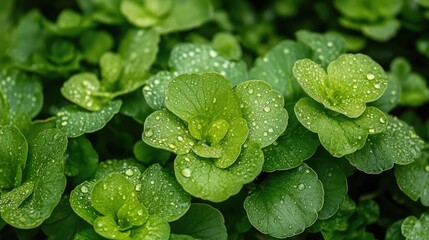 Leinwandbilder - Water droplets on lush green leaves in a vibrant garden setting showcasing nature's beauty and freshness with selective focus.