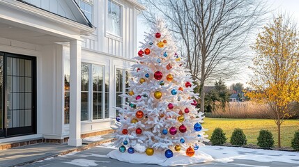 Poster - Elegant white Christmas tree adorned with colorful ornaments placed in a serene outdoor setting beside a charming home.