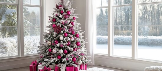 Aufkleber - Elegant white Christmas tree decorated with magenta and pink ornaments creating a festive atmosphere for holiday celebrations.