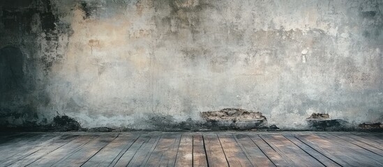 Poster - Vintage interior space showcasing a textured concrete wall and rustic wooden flooring perfect for design inspiration and creative backgrounds
