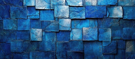 Poster - Weathered blue brick wall with textured stones perfect for web design backgrounds or mobile applications