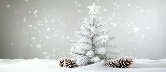 Poster - Snowy white Christmas tree adorned with pine cones and a star atop, perfect for festive wallpaper or seasonal postcards.