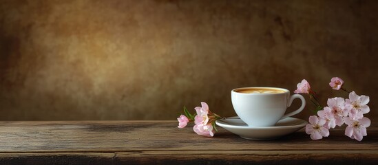 Aufkleber - Elegant white espresso cup beside soft pink blossoms on a rustic wooden table with a warm, textured background. Perfect for cozy ambiance.