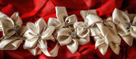 Aufkleber - Elegant white bows and silver ribbon beautifully arranged on a luxuriously wrapped red gift box for festive occasions