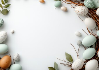 a beautiful collection of decorated easter eggs arranged in a circular pattern, complemented by lush