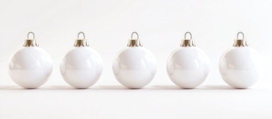 Poster - Elegant white Christmas balls arranged in a line against a clean white background for a festive holiday presentation or decoration concept.