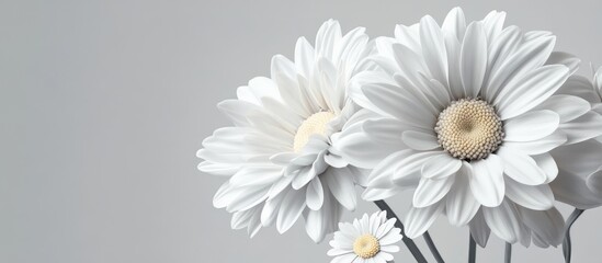 Aufkleber - Elegant white chrysanthemums and daisies on a soft gray background perfect for greeting cards and floral designs.