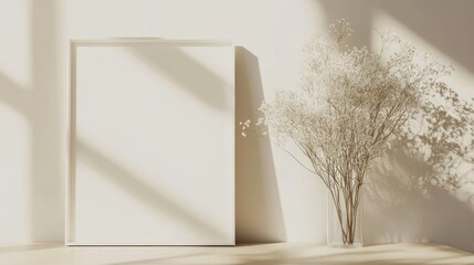 Poster - White square frame mockup with gypsophila arrangement on a beige surface accentuating soft shadows and natural light ambiance