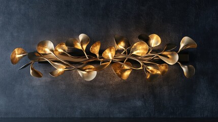 Aufkleber - Elegant wall lamp design featuring golden leaf motifs illuminating a textured dark background. Perfect for modern interior decor.