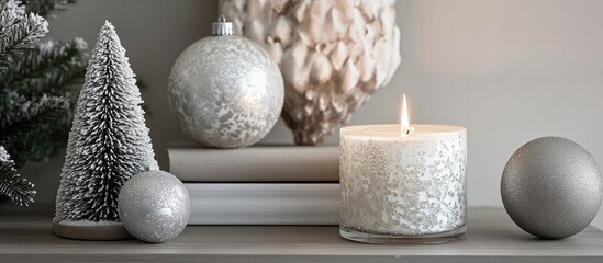 Aufkleber - Elegant white and silver Christmas ornaments and candle arrangement on a festive table for holiday decoration and ambiance