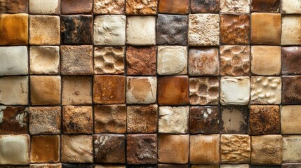 Poster - Textured clay brick wall design showcasing earthy tones and varied patterns for rustic and vintage aesthetics.