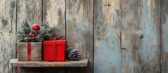Aufkleber - Christmas gifts and pine nesting box on rustic wooden background vintage style square image for festive holiday decoration themes