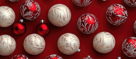 Poster - Elegant Christmas decorations with red and white ornate balls arranged on a festive red background for a holiday atmosphere.