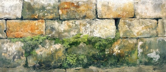 Poster - Weathered stone wall with vibrant green moss highlighting nature's resilience and the enduring effects of time on natural surfaces