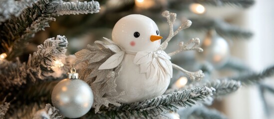 Aufkleber - Christmas tree ornament featuring a whimsical white snowman surrounded by festive decorations and frosted pine branches.