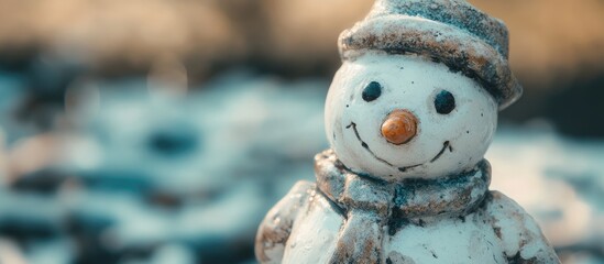 Aufkleber - Close-up of a white ceramic snowman figurine with a blurred background creating a charming winter atmosphere for holiday decor purposes