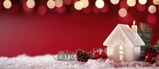 Aufkleber - White candle holder in the shape of a house surrounded by festive decorations on a red background for a cozy Christmas atmosphere