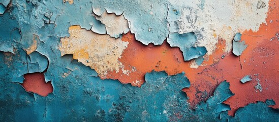 Poster - Weathered concrete wall with vibrant peeling paint and intricate texture perfect for urban themed design and backgrounds