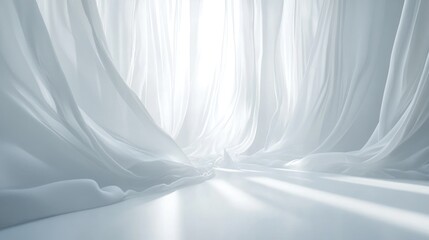 Fototapete - Soft white curtains elegantly draped in a serene bedroom setting creating an abstract and tranquil interior design ambiance.