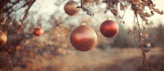 Poster - Vintage red and golden Christmas ornaments with glitter hanging from a tree outdoors creating a magical winter holiday atmosphere