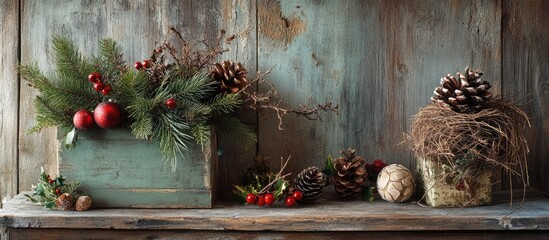Aufkleber - Vintage Christmas decor with pine, gifts, and natural elements on weathered wood background in a selective focus square image.