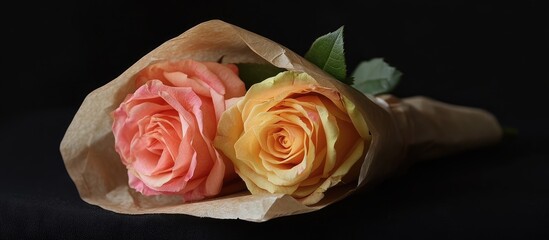 Aufkleber - Wedding bouquet featuring pink and yellow roses elegantly wrapped in craft paper against a dark background for a romantic aesthetic.
