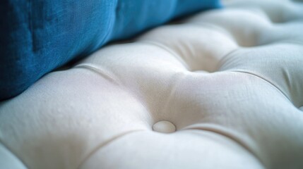 Aufkleber - Textured white and blue upholstered sofa close-up showcasing fabric details and button tufting for interior design aesthetics.
