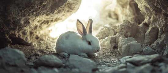Poster - White and brown rabbit resting on rocky ground in a cave with soft light filtering through the entrance creating a serene atmosphere