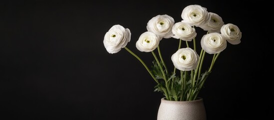 Aufkleber - Elegant arrangement of white ranunculus flowers in a ceramic vase with a dark background showcasing their delicate beauty and charm