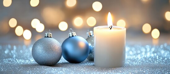 Poster - Festive white and blue Christmas ornaments with a lit candle and twinkling lights on a shimmering silver background