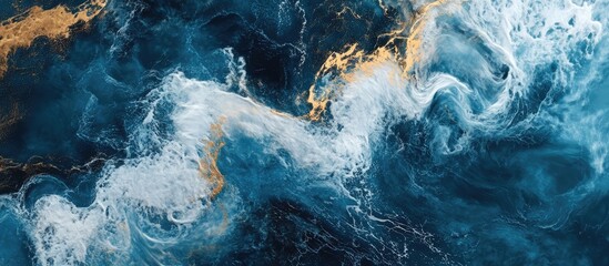 Leinwandbilder - Dynamic abstract waves with deep blue and gold tones creating a sense of mystery and tranquility in an oceanic landscape.