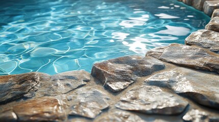 Poster - Water reflection and stone texture in a swimming pool setting creating a serene and inviting atmosphere for relaxation and outdoor enjoyment