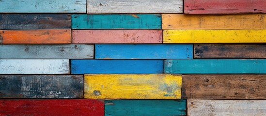 Poster - Colorful weathered wooden planks arranged in a rustic pattern perfect for photography backgrounds and creative design projects.