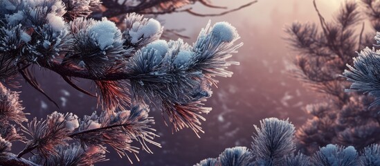 Poster - Frosty pine needles shimmering in the winter sunlight creating a serene and magical forest atmosphere