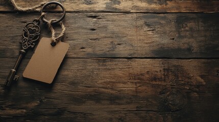 Aufkleber - Vintage key with blank tag resting on rustic wooden table providing a space for text or creative design elements